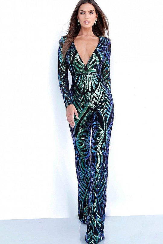 Jovani Sequined Plunging V Neck Long Sleeves Jumpsuit 66511 - 1 pc Black/Peacock In Size 8 Available In Black and Multi-Color
