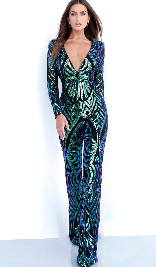 Jovani - 66511 Sequined Plunging V Neck Jumpsuit In Black