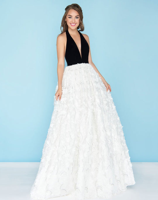 Mac Duggal - 66516H Velvet Halter Bow Tied Embroidered Evening Gown In Black and White