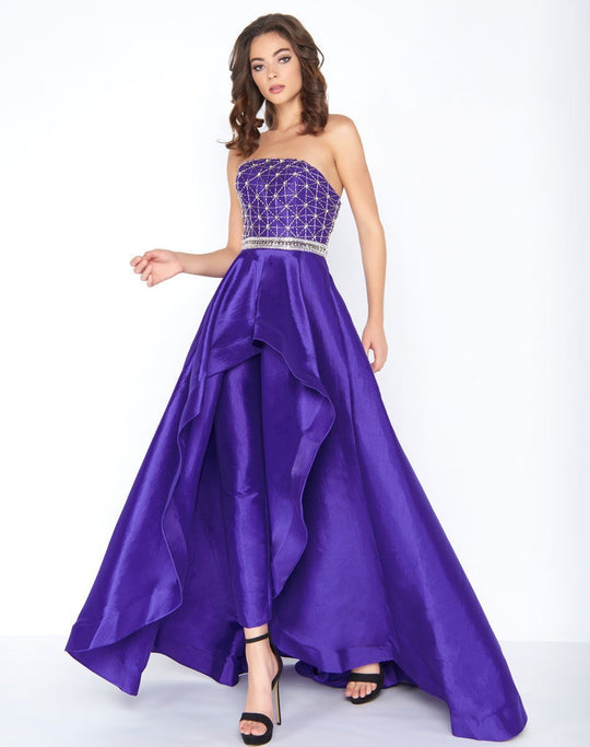 Cassandra Stone - 66522A Strapless Taffeta Pantsuit with Overskirt In Blue and Purple