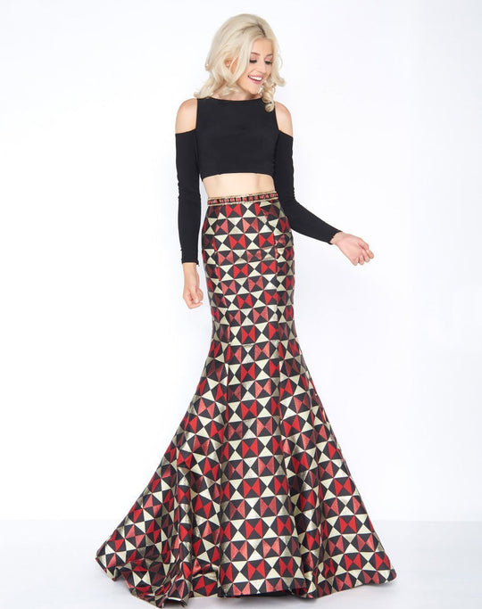 Cassandra Stone - 66523A Two Piece Cold Shoulder Contrast Trumpet Gown In Red and Print