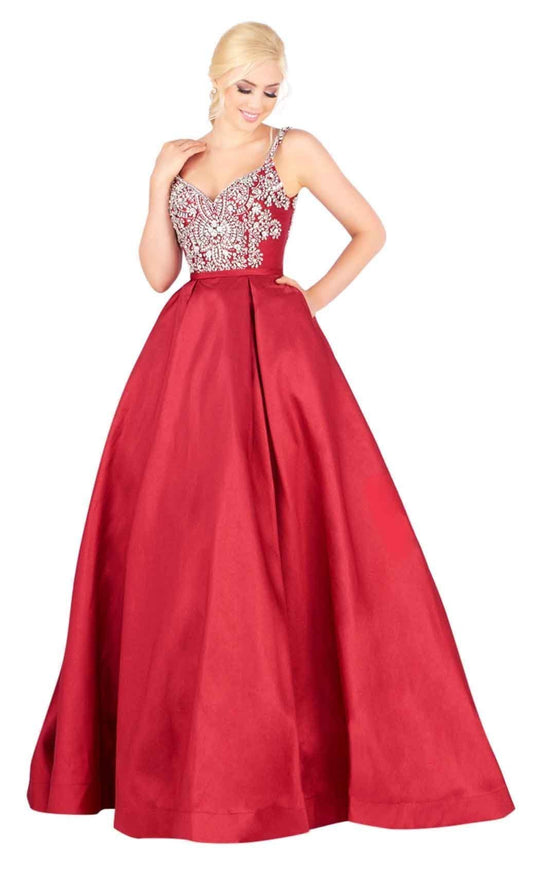 Mac Duggal Ballgowns - 66532H Embellished V-neck Ballgown With Train in Red