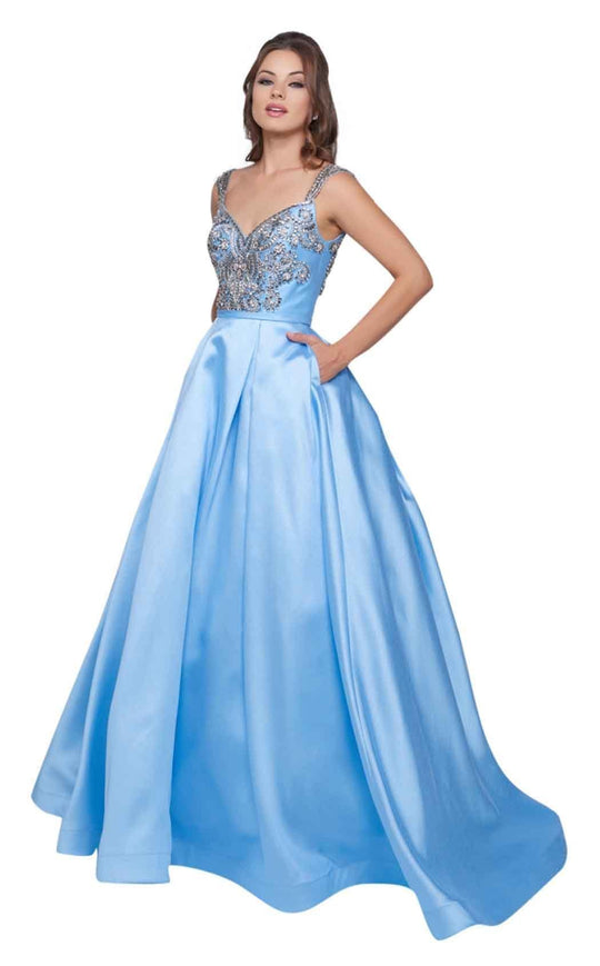 Mac Duggal Ballgowns - 66532H Embellished V-neck Ballgown With Train in Blue