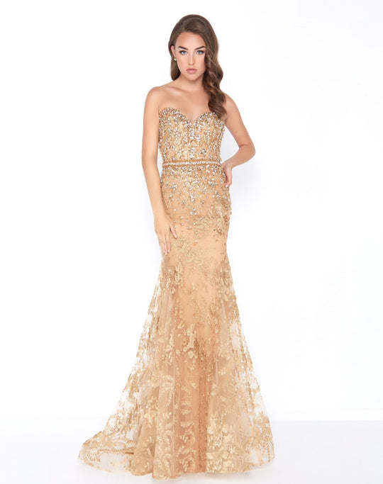 Mac Duggal - 66547M Strapless Shimmering Lace Gown In Gold