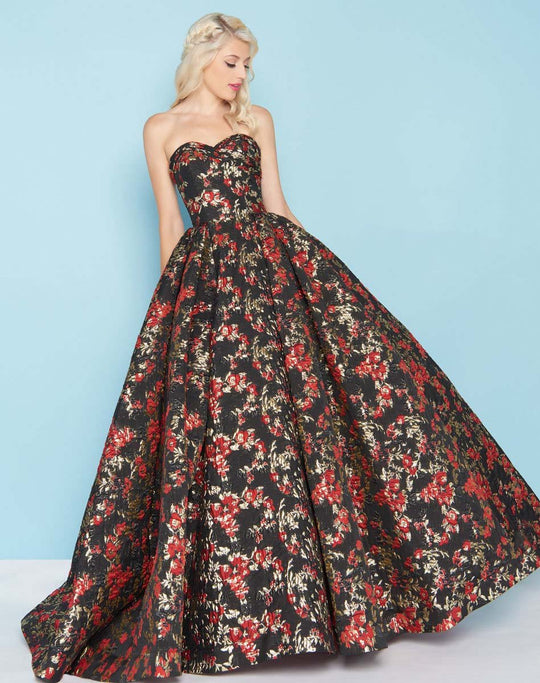 Mac Duggal - 66555H Strapless Floral Brocade Ballgown In Red and Black