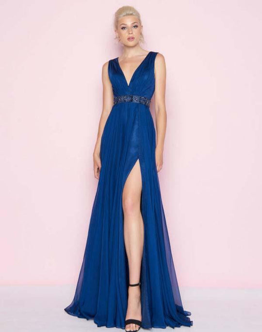 Mac Duggal - 66568L Bead Embellished Ruched Chiffon A-line Dress In Blue