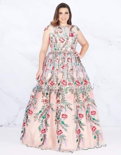 Mac Duggal Fabulouss - 66820F Floral Embroidered Bateau Ballgown In Nude and Multi-Color