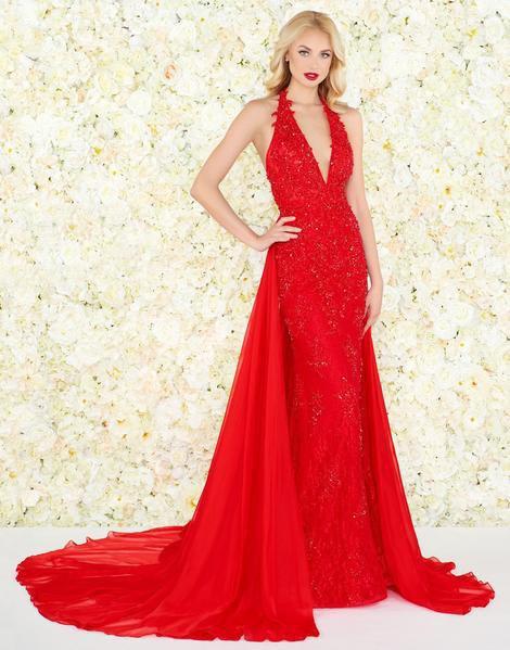 Mac Duggal Black White Red - 66573R Sequined Lace Dress With Overskirt In Red