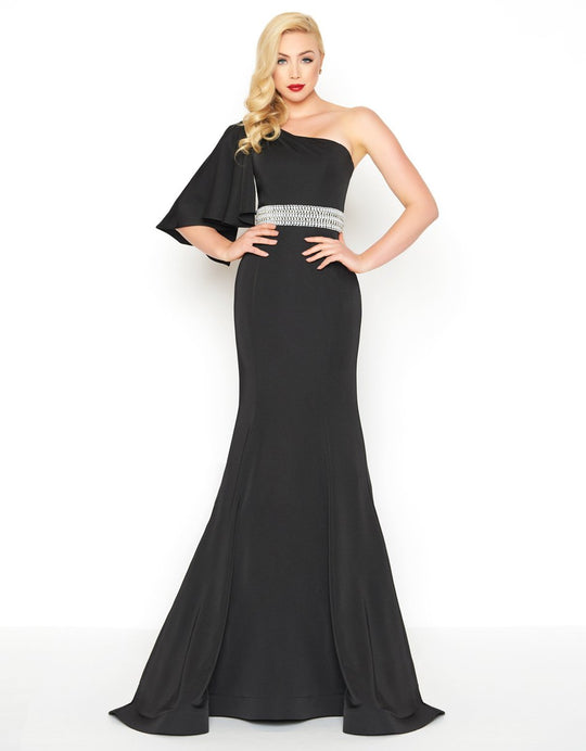 Mac Duggal - 66587R One Shoulder Bell Sleeve Asymmetric Trumpet Dress in Black