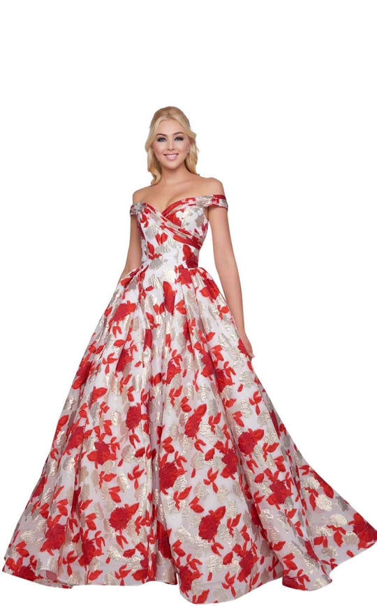 Mac Duggal Ballgowns - 66588H Off Shoulder Metallic Print Ballgown In Red and Multi-Color