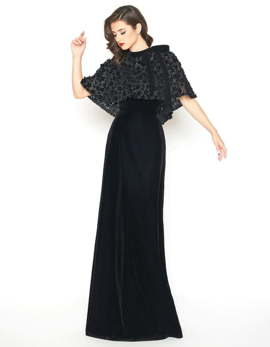 Mac Duggal - 66590R Floral Embroidered Caplet High Neck Sheath Dress in Black