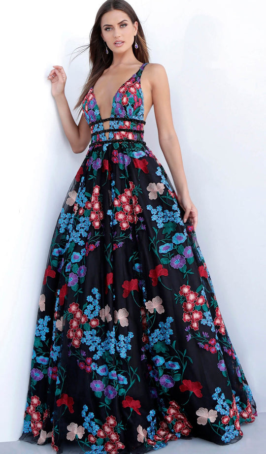 Jovani - 66593 Floral Embroidered Plunging V-Neck Ballgown In Multicolor