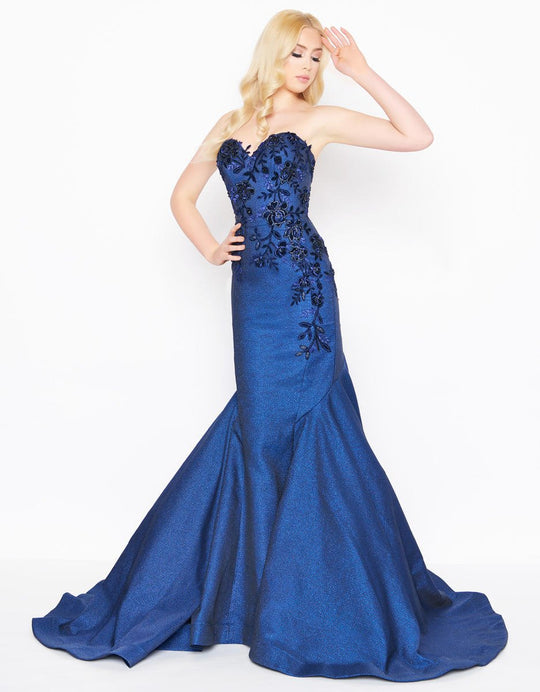Mac Duggal - 66597D Floral Applique Metallic Woven Trumpet Dress in Blue