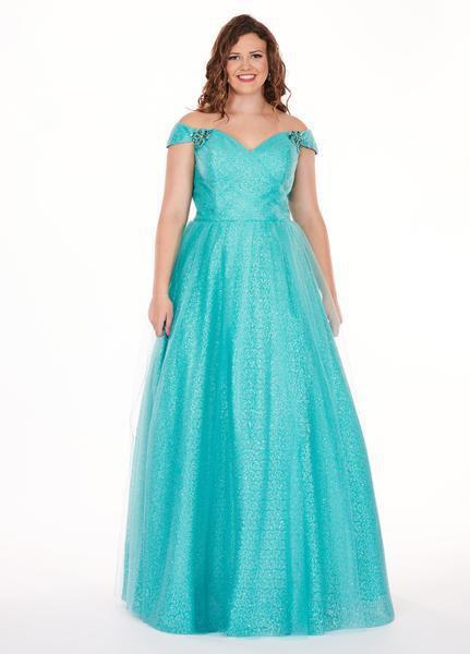 Rachel Allan Curves - 6663 Off-Shoulder Evening Gown In Blue and Green