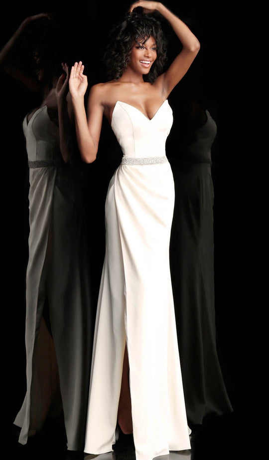 Jovani - 66683 Strapless Plunging V-neck Embellished Trumpet Dress In White