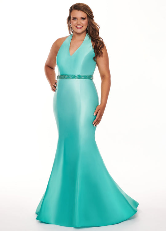 Rachel Allan Curves - 6669 Embellished Halter V-neck Matte Satin Dress In Green