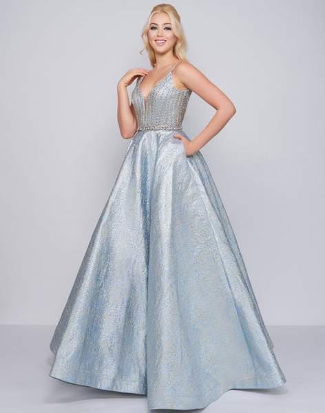 Mac Duggal Prom - 66701M Plunging Jewel-Strewn Metallic Ballgown In Blue