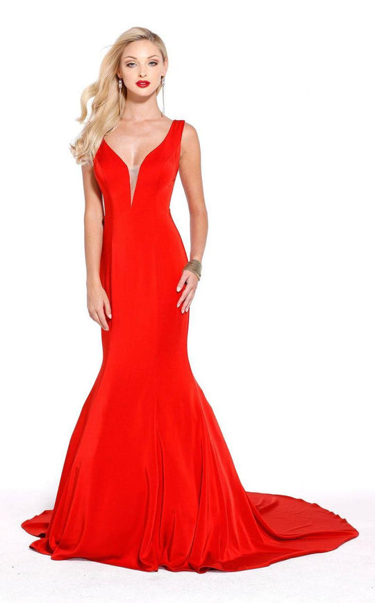 Shail K - Sleeveless Plunging V Neck Mermaid Gown 3980 In Red