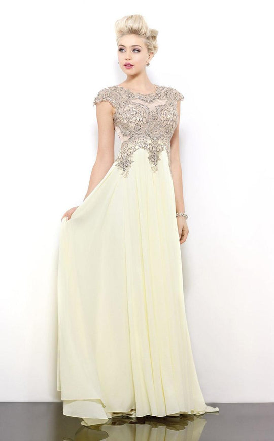 Shail K - Glistening Lace Applique Top Chiffon Long Gown 3987 in Yellow and Gold