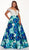 Rachel Allan Curves - 6672 Plunging Off-Shoulder Floral Ballgown In White and Blue