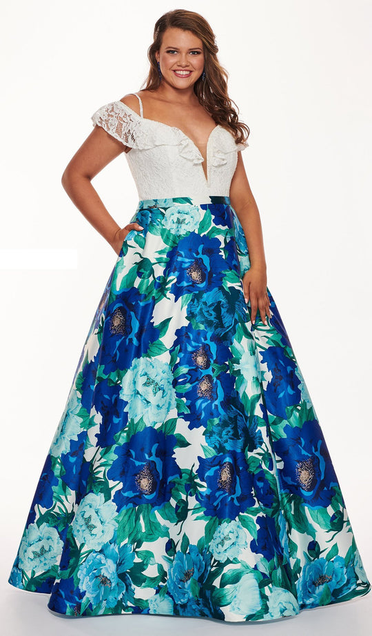 Rachel Allan Curves - 6672 Plunging Off-Shoulder Floral Ballgown In White and Blue