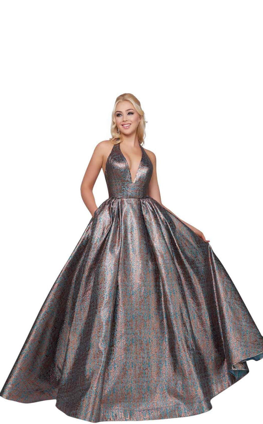 Mac Duggal Ballgowns - 66731H Two Tone Deep Halter V-neck Ballgown In Gold and Blue