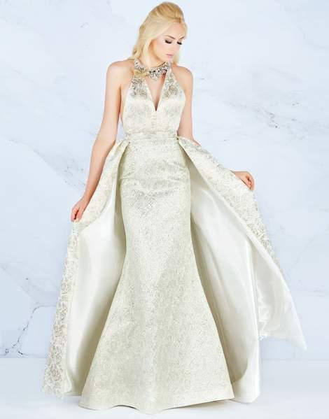 Mac Duggal Prom - 66741M Crystal Accented Halter Dress With Overskirt In White and Gold