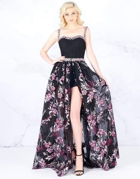 Cassandra Stone - 66767A Bejeweled Lace Romper With A-line Overskirt In Black and Purple