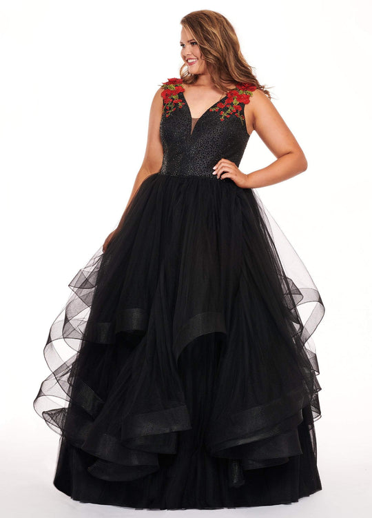 Rachel Allan Curves - 6675 Floral Embroidered Plunging Ballgown In Black