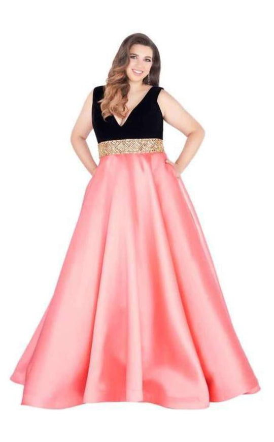 Mac Duggal Fabulouss - 66787F Embellished V-neck Ballgown With Train in Black and pink
