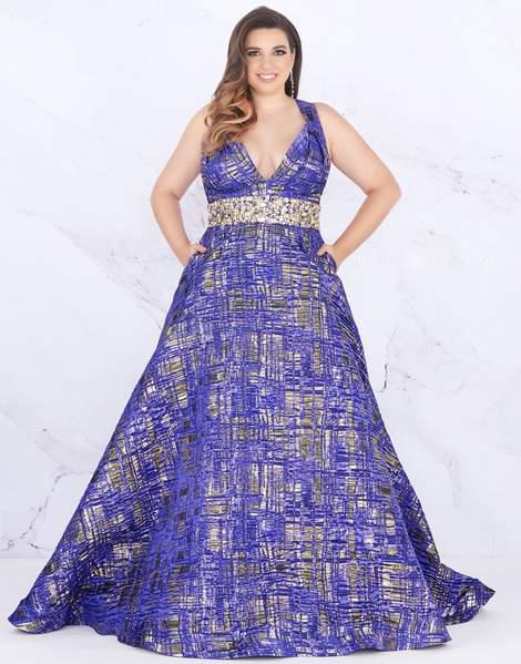 Mac Duggal Fabulouss - 66793F V-neck Print Brocade A-line Dress In Blue and Gold