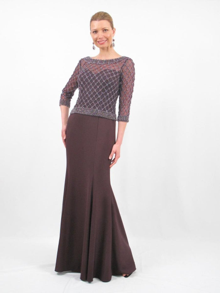 Daymor Couture - 667 Quarter Sleeve Net Embellished Long Gown in Purple