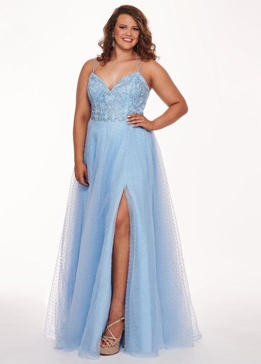 Rachel Allan - 6680 Sleeveless V-Neck Double Strapped Beaded Gown with Slit In Blue