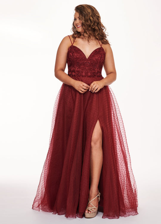 Rachel Allan Curves - 6680 Beaded V-Neck Pleated Gown with Slit In Red