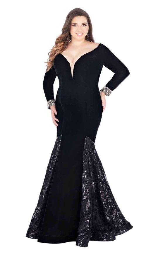 Mac Duggal Fabulouss - 66813F Plunging Vneck Long Sleeves Mermaid Gown In Black
