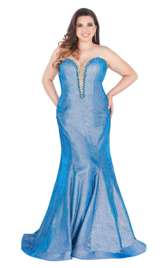 Mac Duggal Fabulouss - 66815F Bejeweled Brocade Mermaid Dress in Blue