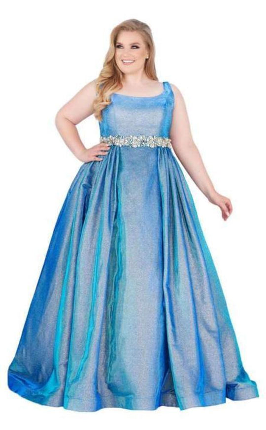 Mac Duggal Fabulouss - 66817F Jeweled Scoop Metallic Brocade Ballgown in Blue