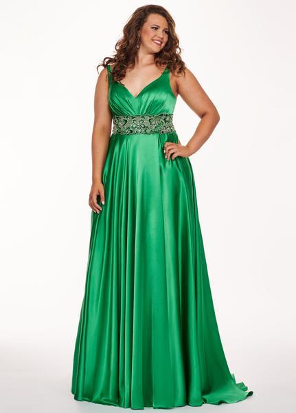 Rachel Allan Curves - 6681 Beaded V-neck Stretch Satin A-line Dress In Green