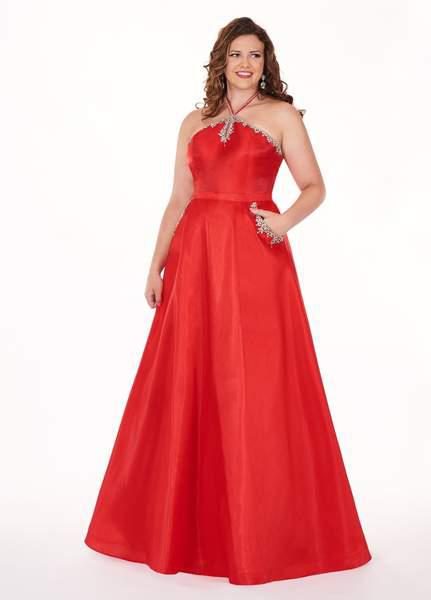 Rachel Allan Curves - 6682 Crystal Beaded Halter A-line Dress In Red