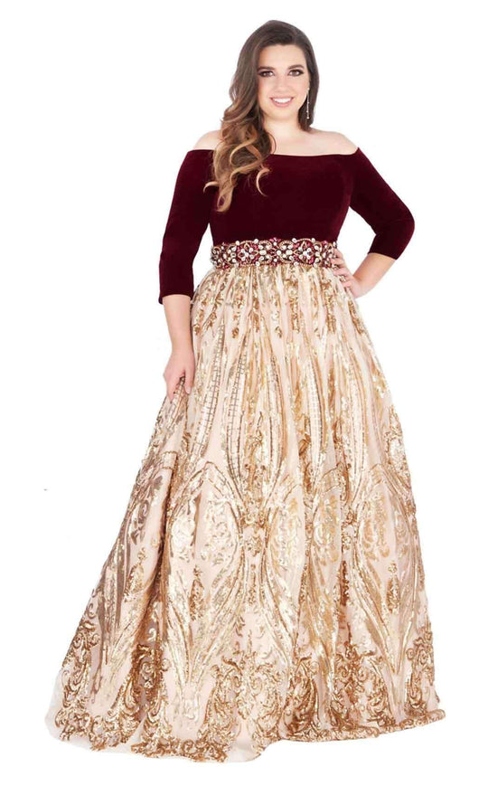 Mac Duggal Fabulouss - 66831F Off-Shoulder Sequined Velvet Ballgown In Red and Gold