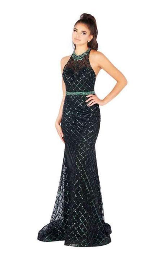Mac Duggal Flash - 66835L Bedazzled Halter Trumpet Dress With Train in Green and Black