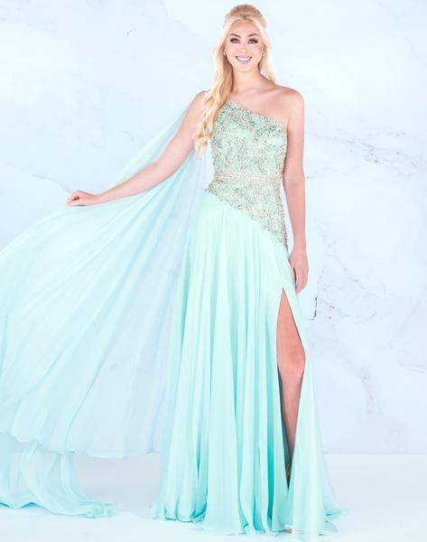 Mac Duggal Prom - 66846M Asymmetrical Chiffon Gown with Slit In Green
