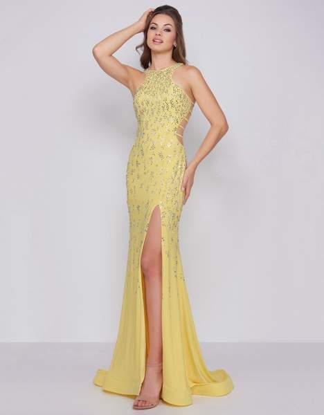 Cassandra Stone - 66874A Embellished Halter Dress With Lattice Back In Yellow