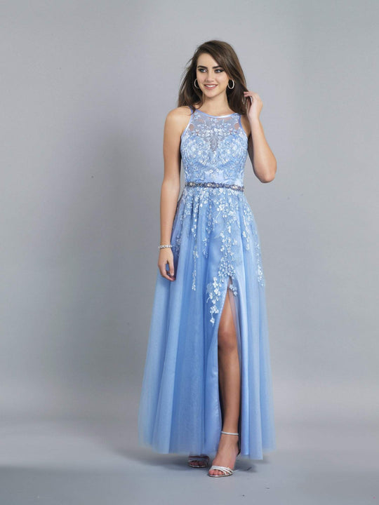 Dave & Johnny - A6685 Floral Appliqued A-Line Gown with Slit In Blue