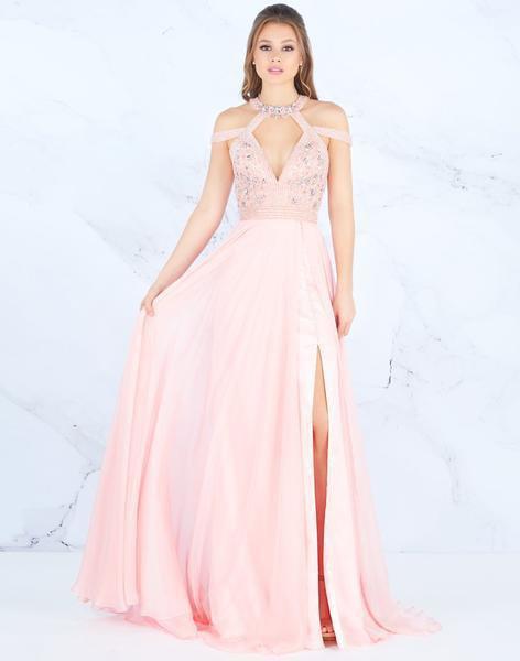 Mac Duggal Prom - 66879M Beaded Halter Cutout Gown with Slit In Pink