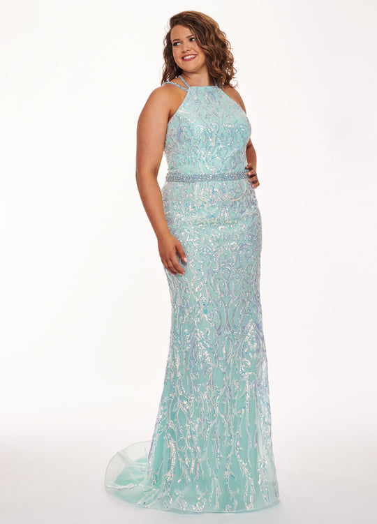Rachel Allan Curves - 6687 Sequined Halter Trumpet Dress In Green