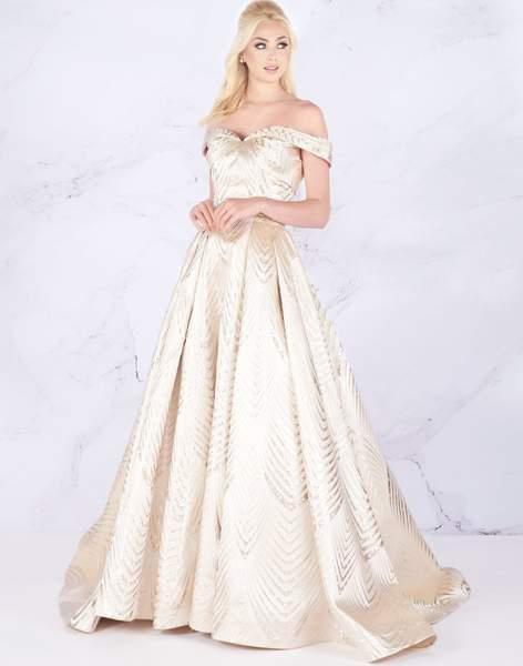 Mac Duggal Prom - 66894M Off Shoulder Geometric Motif Lace Ballgown In Gold