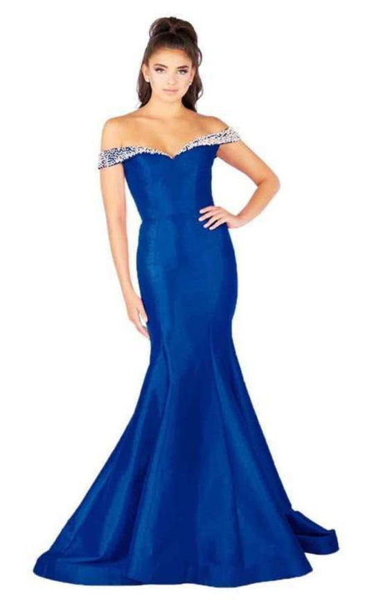 Mac Duggal Flash - 66900L Pearl Beaded Off Shoulder Mermaid Gown in Blue