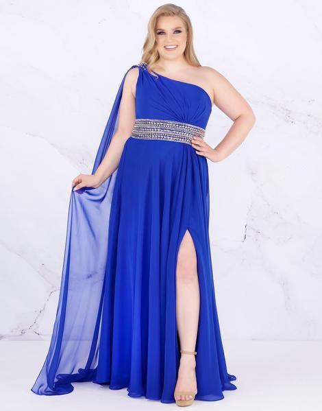 Mac Duggal Fabulouss - 77371F Beaded One Shoulder Chiffon A-line Dress In Blue