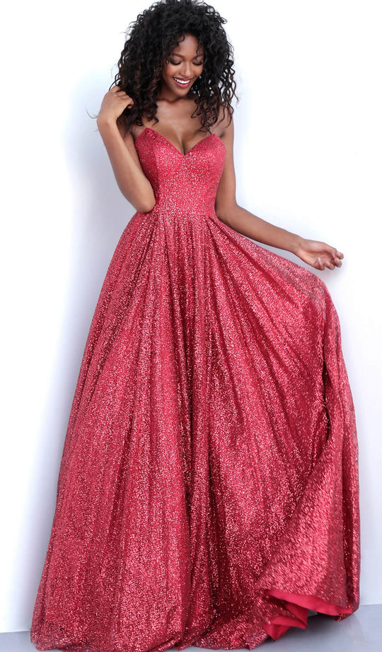 Jovani - 66920 Strapless Plunging V-neck Glitter Ballgown In Red